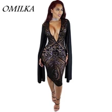 OMILKA Sexy Club Dress 2017 Women Long Sleeve Cloak Cape Bodycon Sequin Dress Sexy Black Deep V Neck Party Club Sequined Dress