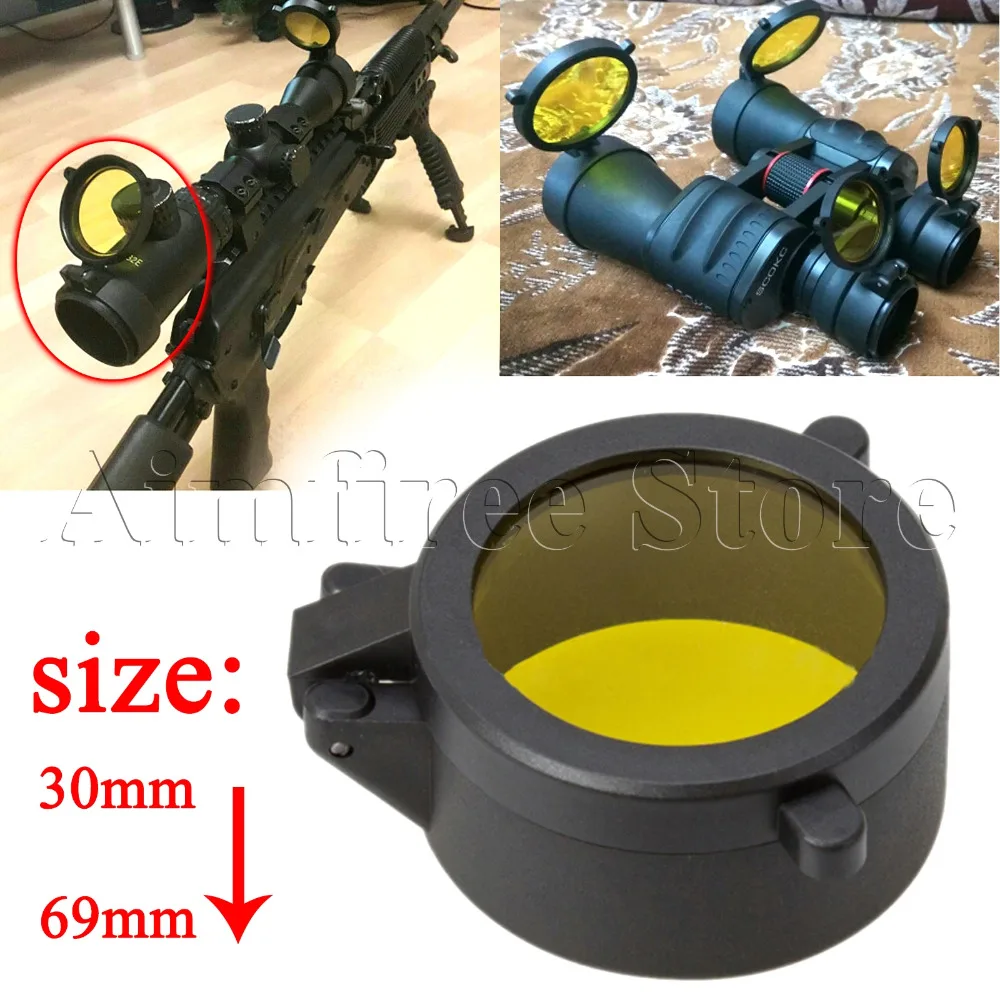 

Hunting 30-69mm Transparent Yellow Flip Up RifleScope Lens Cover Quick Spring Eye Protect Objective Cap