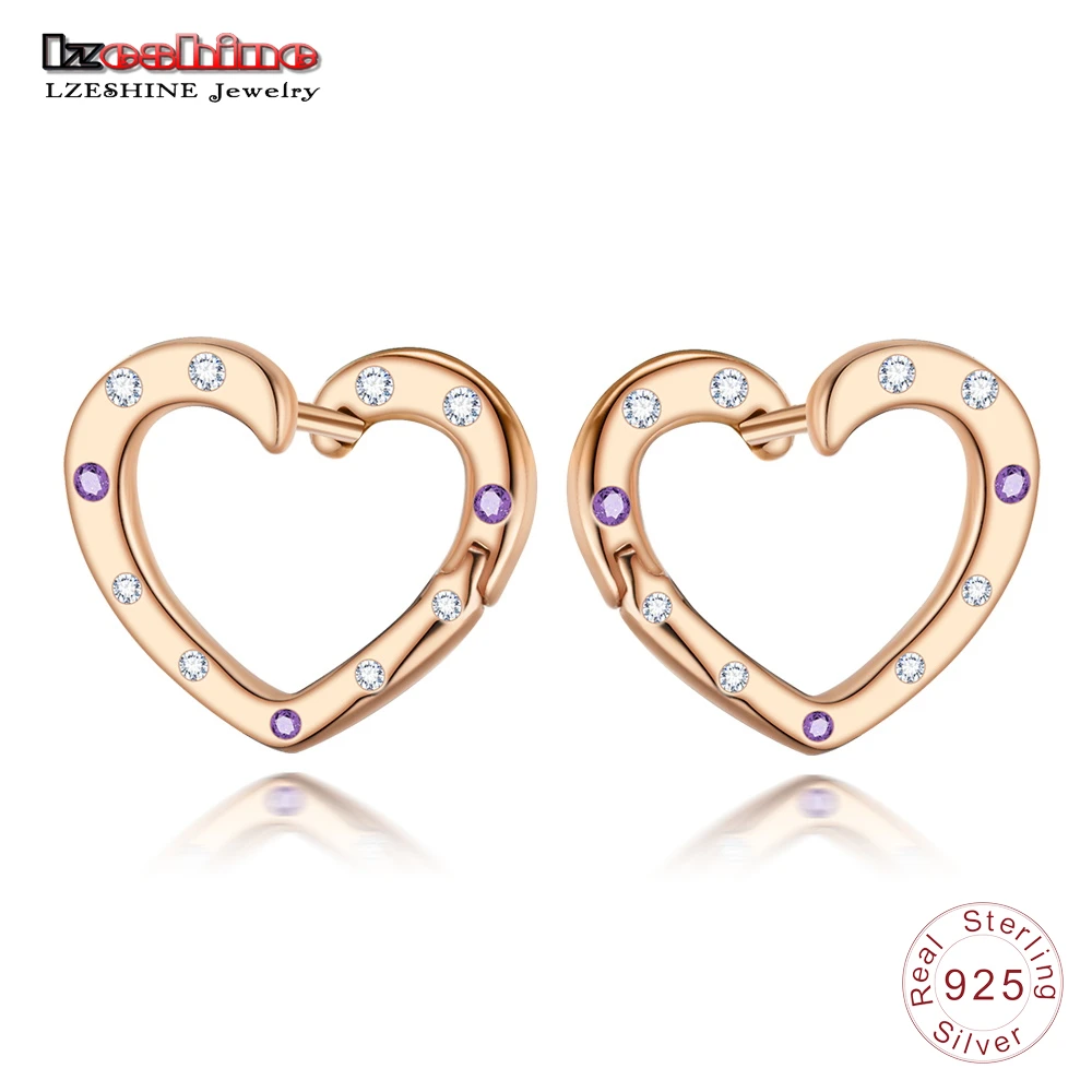 

LZESHINE Rose Gold Bright Heart Hoop Earrings Authentic 925 Sterling Silver Fashion Earrings for Women 2018 New Wedding Jewelry