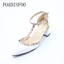 Poadisfoo Новинка 2017 года женская обувь заклепками пряжки ремня полые туфли на высоком каблуке с острым носком туфли из лакированной кожи на высоком каблуке. XXXY-722