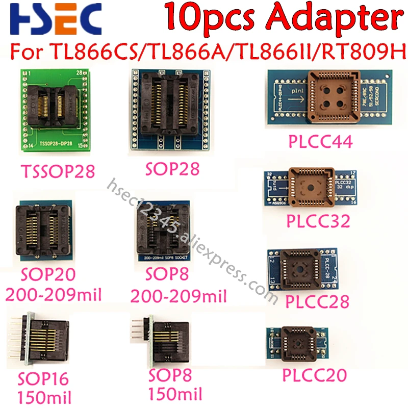 

Good Quality 10pcs TSSOP28+SOP28+SOP20+SOP16+SOP8+PLCC44+PLCC32+PLCC28+20 Adapter for TL866CS/A/TL866II Plus/RT809H Programmmer