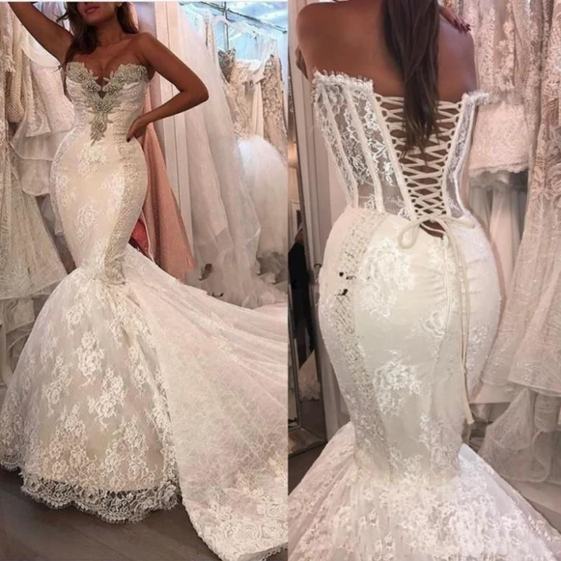 

Sexy Mermaid Wedding Dress Lace Appliques Crystal Beaded mermaid wedding gowns Bridal Gowns Vestidos De Novia robe de mariee