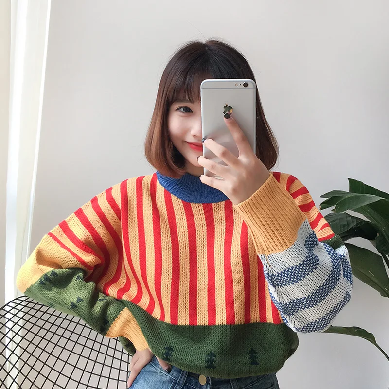 المرأة البلوزات Kawaii Ulzzang فضفاض البرية اللون خياطة محبوك سترة الإناث الكورية المتناثرة البلوز البلوز للنساء