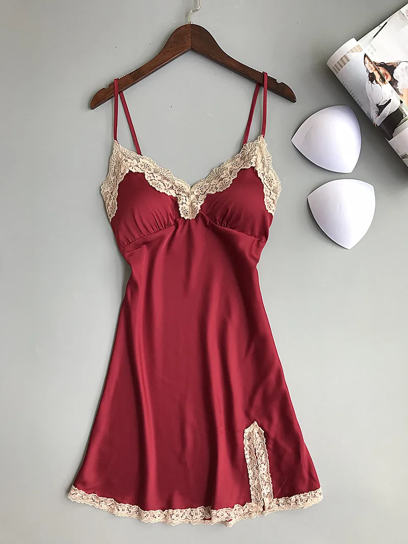 Lace Patched Woman Silky Smooth Slips with Pads Negligee Camisole Women Full Slips Nightgown Dress Sexy Lingerie 5 colors