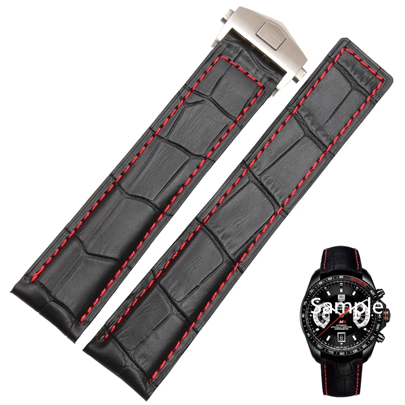 

LUKENI 20mm 22mm Genuine Leather Watch Strap Black With Red Stitched Watchbands For TAG Carrera Heuer With Folding Buckle Logo