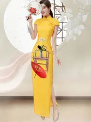 Желтый Новый женский тонкий длинный Qipao сексуальный Сплит Винтаж Cheongsam китайский стиль Vestidos летнее атласное сценическое платье Размер s-xl