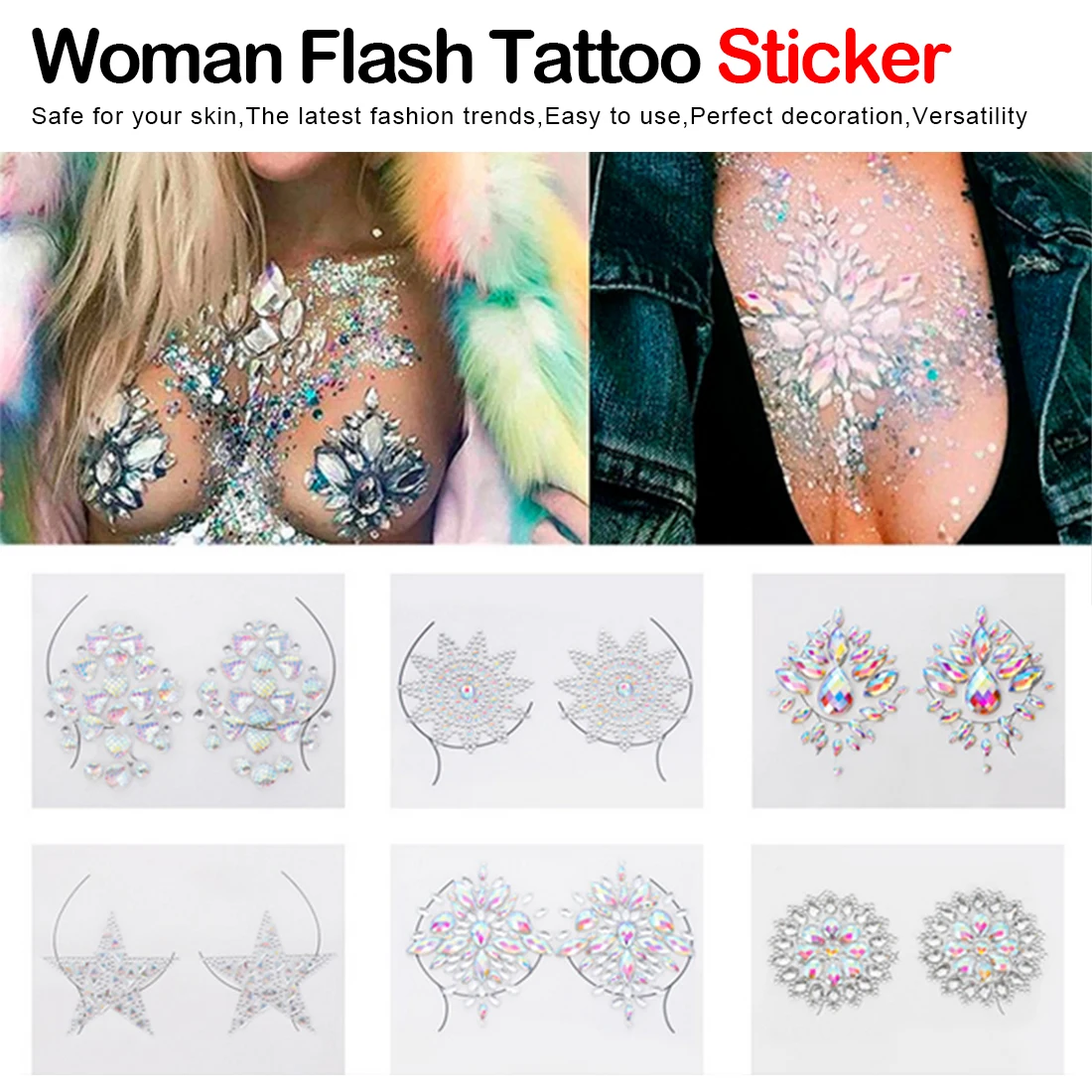 Party Festival Acrylic Chest Decoration Crystal Diamond Tattoo Drill Paste Resin Face Body Stick Makeup Rhinestone Sticker