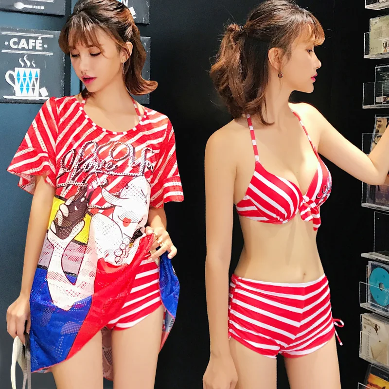 

women bathing suit High waist striped bikini Push Up Swimwear 2018 new Sexy Personality art print cover-ups three piece swimsuit