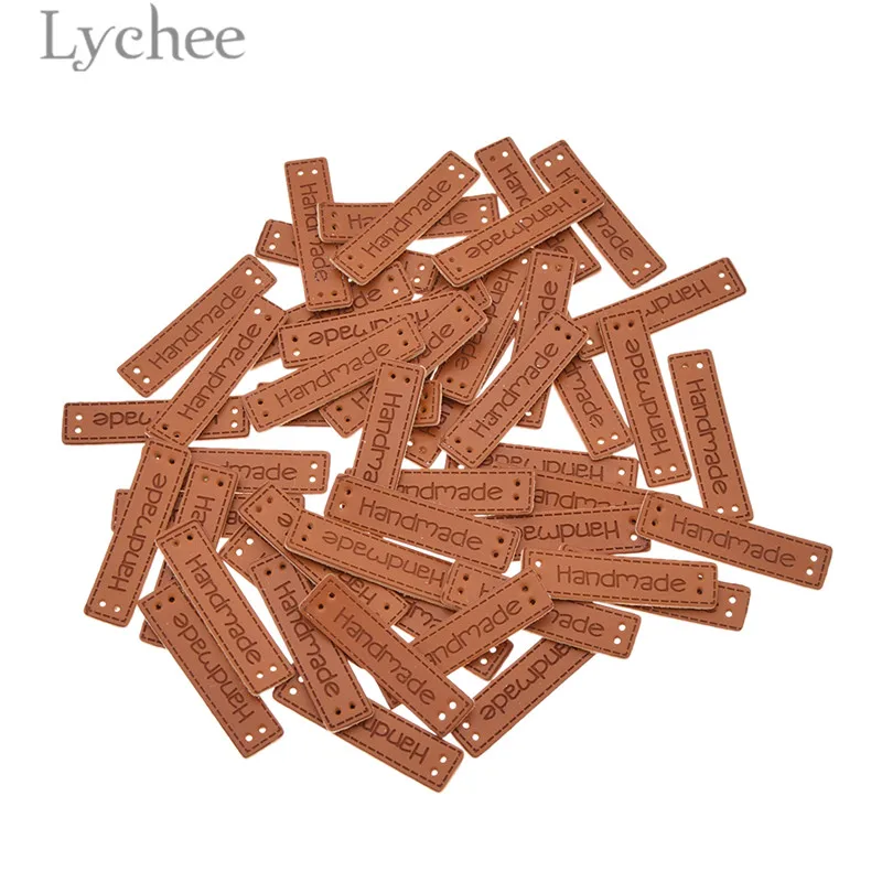 

Lychee 50pcs Handmade Letter Pattern PU Leather Tags Rectangle Embossed Label DIY Flag Labels For Garment Sewing Accessories
