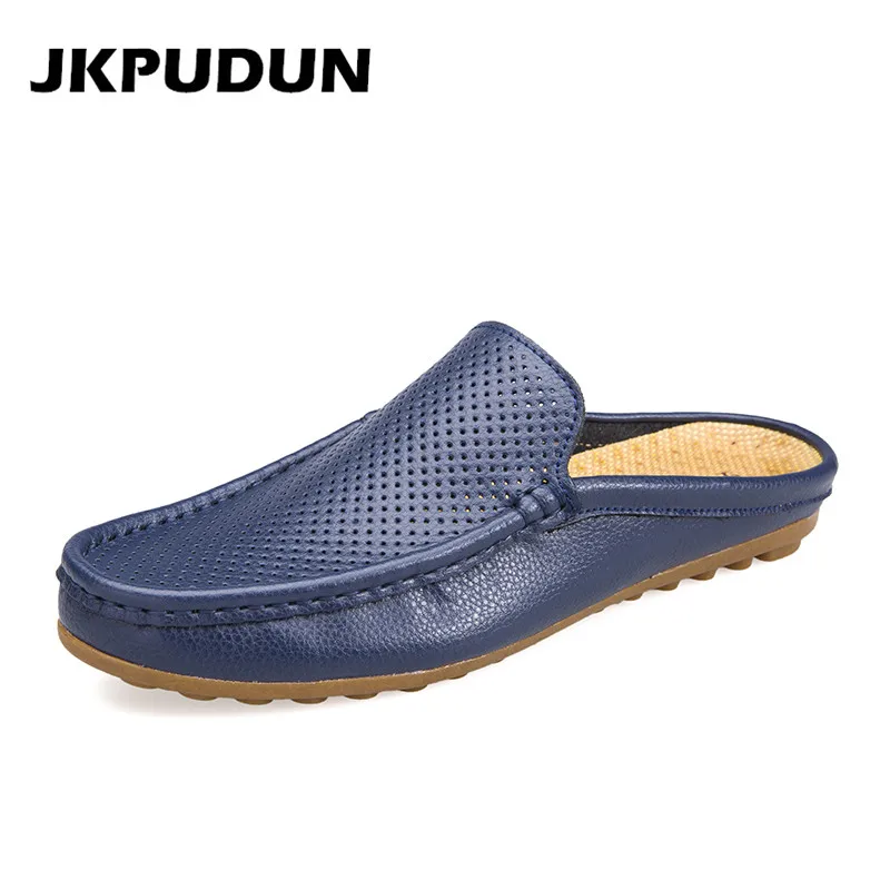 

JKPUDUN Summer Mens Half Shoes Casual Luxury Brand Men Loafers Genuine Leather Hollow Out Breathable Shoes Slipon Moccasins Skor