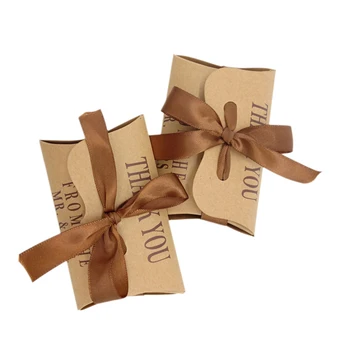 

100Pcs/lot Romantic Pillow Shape Kraft Paper Candy Gift small bag Box With ribbonfor Packaging Bags Wedding & Party Favors