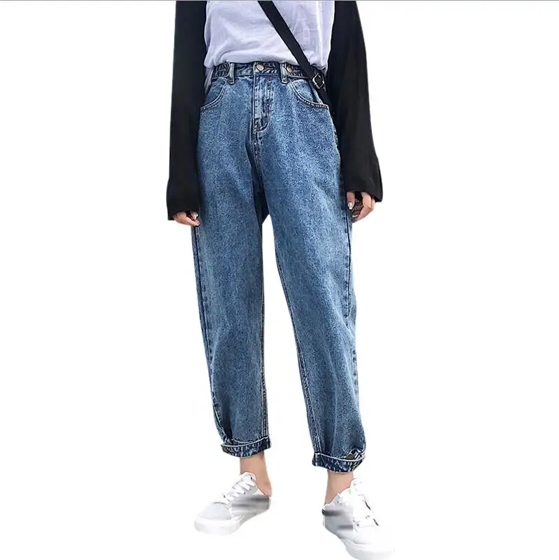 Весенние и осенние новые корейские узкие свободные прямые джинсы-шаровары, джинсовые штаны, женские повседневные брюки с высокой талией, Женские однотонные брюки - Цвет: dark blue
