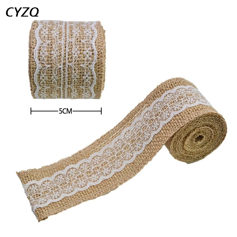 2 Meter Width 5cm Jute Burlap Rolls Hessian Ribbon With Lace Trim Vintage Rustic Wedding Decoration Ornament Party Wedding Decor