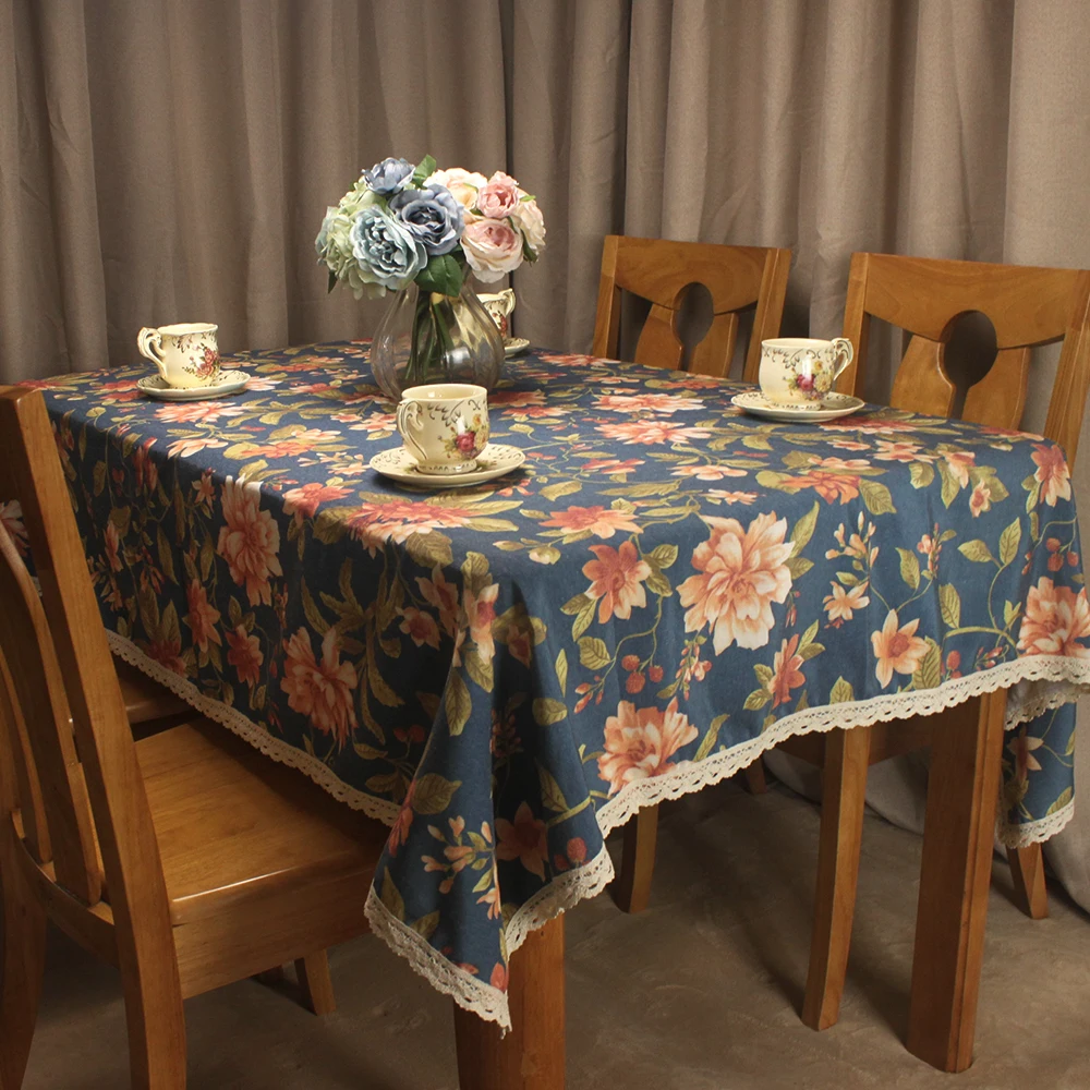 CURCYA Royal Blue Table Cloth for Dining Tables American Style Floral