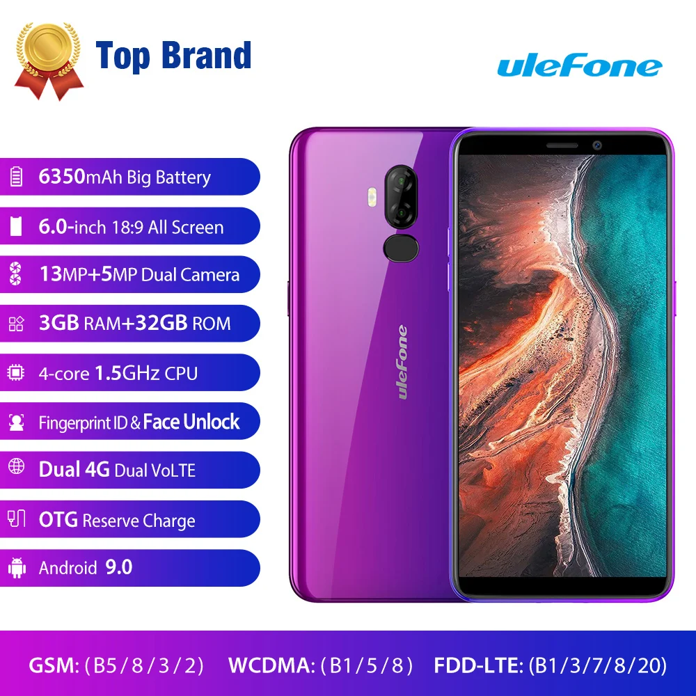 Ulefone P6000 Plus 6350 мАч Смартфон Android 9 0 6 дюймов HD + Двойная камера Ouad Core 3 ГБ 32 мобильный