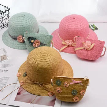 

Baby boy and girl hat Children's flower visor girl sunscreen travel beach hat summer baby straw hat bag set princess outing cap