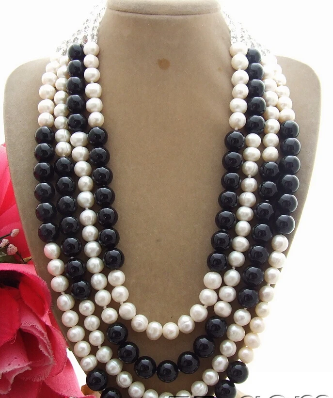 

FREE SHIPPING>>>@@ AS4030 4Strds white Pearl&Onyx&Crystal Necklace
