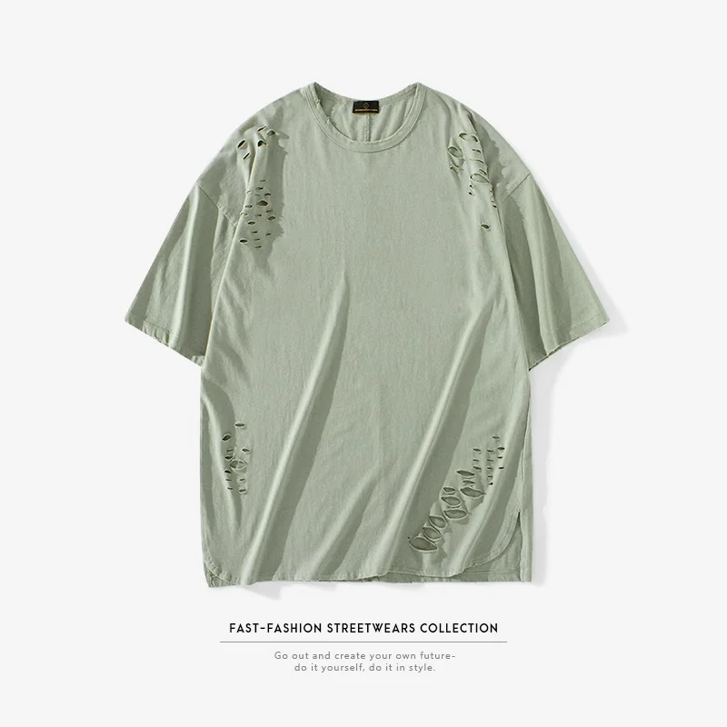Летняя короткая футболка мужская модная футболка с дырками для фитнеса летняя футболка с коротким рукавом Однотонная облегающая футболка в стиле хип-хоп Уличная - Цвет: Армейский зеленый