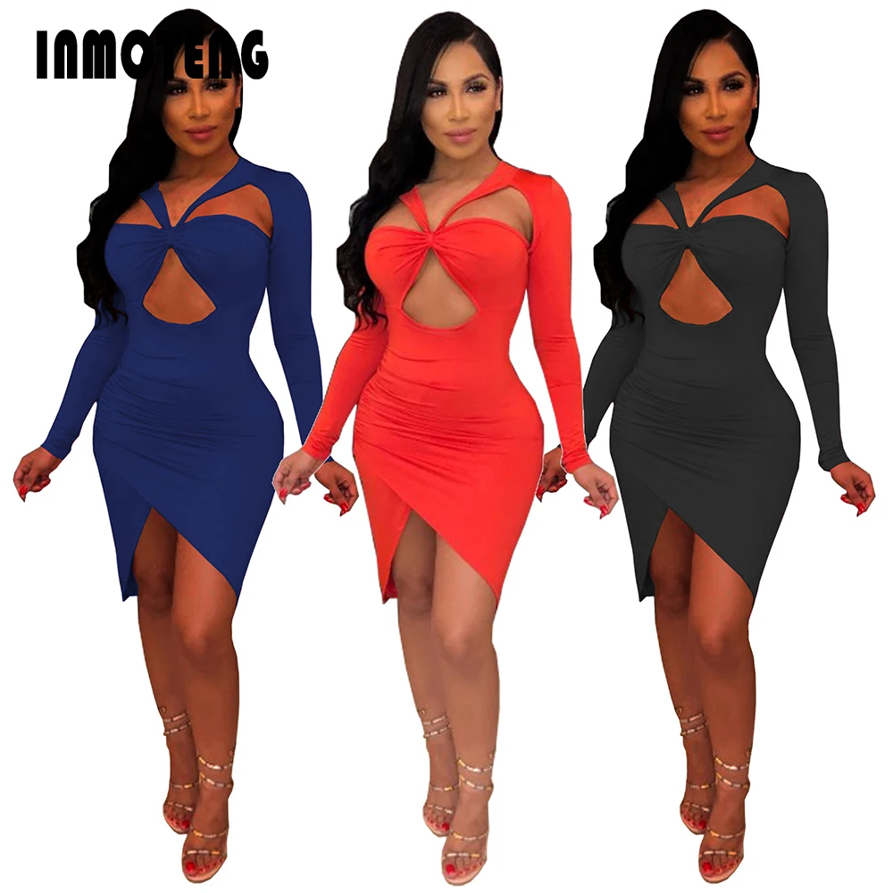 

INMOTENG 2019 Women Cut Out V-Neck Long Sleeve Bodycon Irregular Hem Pencil Dress Sexy Night Club Party Dresses Vestidos S-XXL