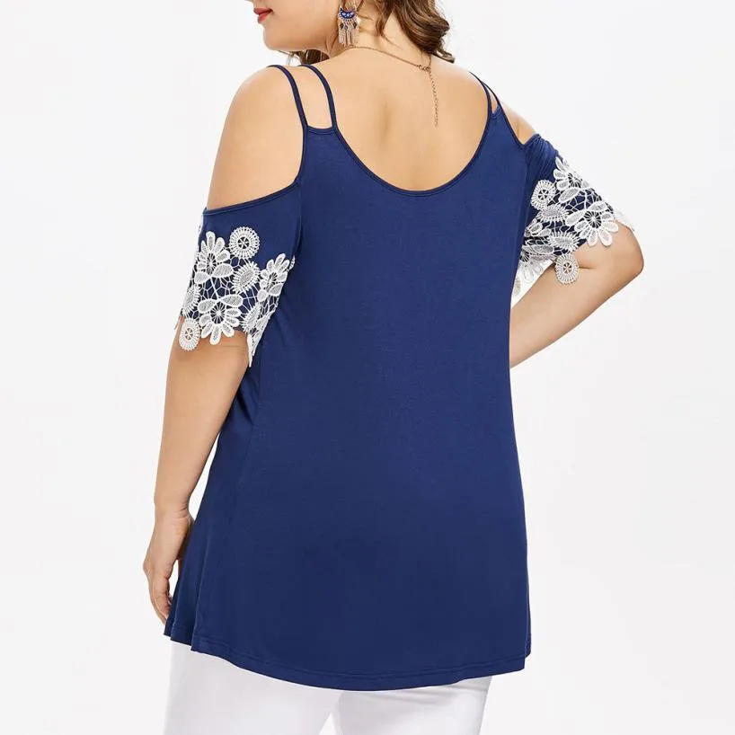 Mujeres más tamaño L-4XL blusa moda frío hombro costura de encaje 1/2 manga insertar Top blusa Casual o-cuello Ropa Mujer Verano Mujeres más tamaño L-4XL blusa moda frío hombro costura de encaje 1/2 manga insertar Top blusa Casual o-cuello Ropa Mujer Verano