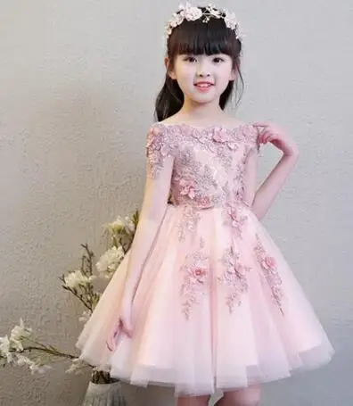 Элегантное платье для девочек, с открытыми плечами свадебное платье розовый с аппликацией из кружева вечерние платье на день рождения Длинные платья на первое причастие, платье для девочек, платье принцессы - Цвет: short style