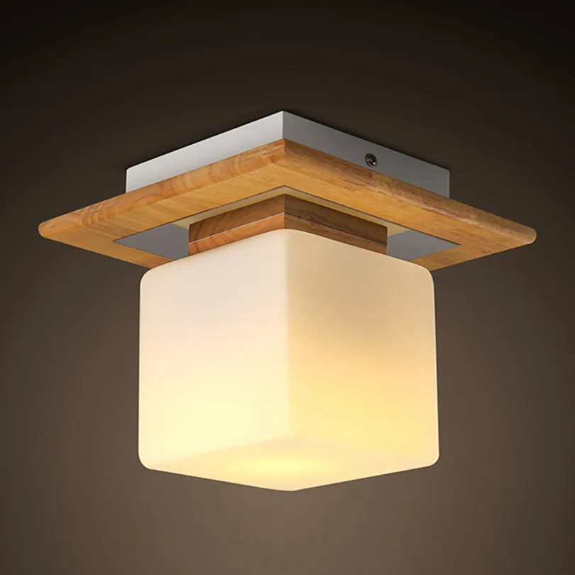 Modern Simple Solid Wood E27 Led Ceiling Light Creative Frosted Glass Bedroom Led Ceiling Lamp Novelty Square Corridor Led Light