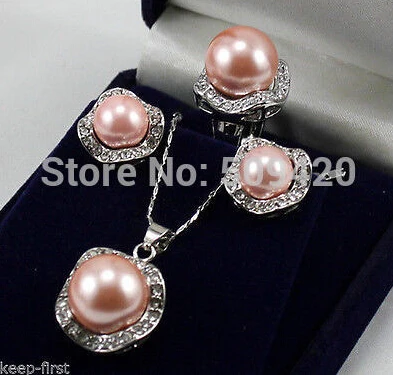 

hot sellNEW CLEAR CRYSTAL 18KWGP SHELL PEARL EARRINGS RING NECKLACE WEDDING PEARL SET