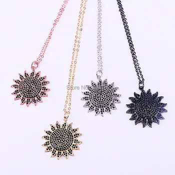 

6Pcs Fashion Copper Micro Pave Black CZ Zirconia Charm Sun Flower Pendants Necklaces For Women