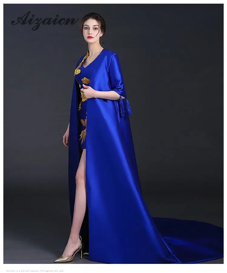 Элегантные вечерние платья с шалью кисточкой Королевский синий вышивка Китайская традиционная свадебное платье Cheongsam пикантный китайский