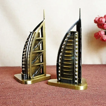 

Cool Hotel Model Figurines Burj Al Arab Statue Handwork Metal Crafts For World Creative Famous Building Home Decoration Gift