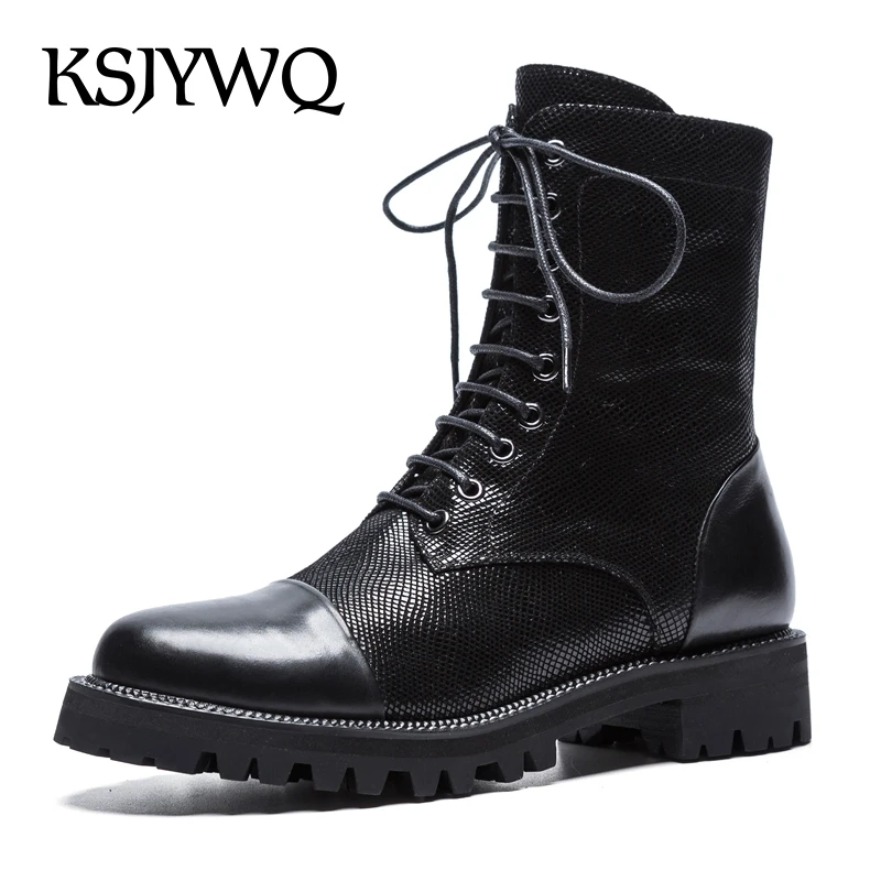 

KSJYWQ Winter Style Woman Boots 3.5 CM Thick Heels Winter Ankle Shoes Genuine Leather Lace-up Low Boot Woman Box Packing X203
