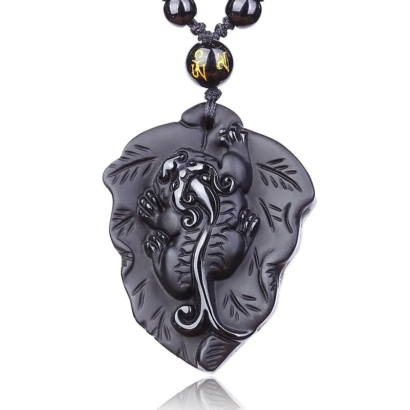 

Leaf Necklace Black Obsidian Leaf Pixiu Jewelry Pendant With Beads Chain Men Women's Jewellery Crystal Natural Stone Necklace