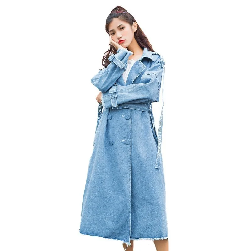 

#3318 Light Blue Denim Jacket Windbreaker Adjustable Waist Loose Overcoat X-Long Denim Trench Coat For Women Vintage Streetwear