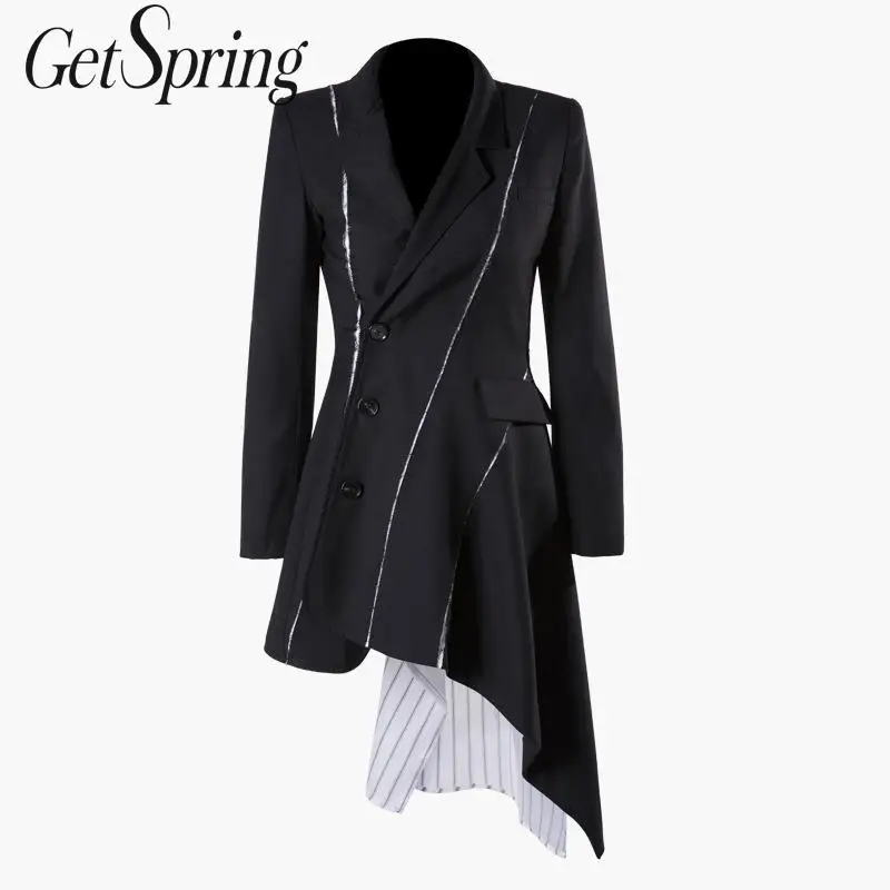 Женский Асимметричный Блейзер GetSpring длинный однобортный в полоску с