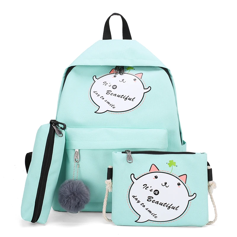 

New Woman Solid Color Cute Pattern Knapsack 3 Pcs College Girl Backpack, Bagpack For Back To School La Sra Mochila