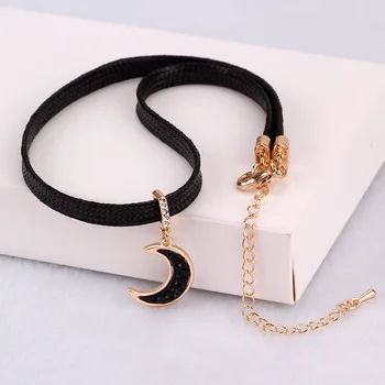 

Vintage Black Leather Choker Necklace Clavicle Chain for Women Short Rhinestone Moon Pendant Necklaces Jewelry Bijoux Femme