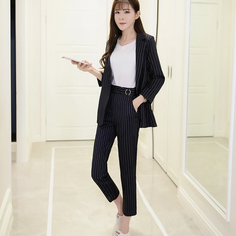 

Temperament Retro Stripe Small suit Spring Autumn Pant Suits for Women 2019 Costume Femme Two-piece set Women Suit NUW464