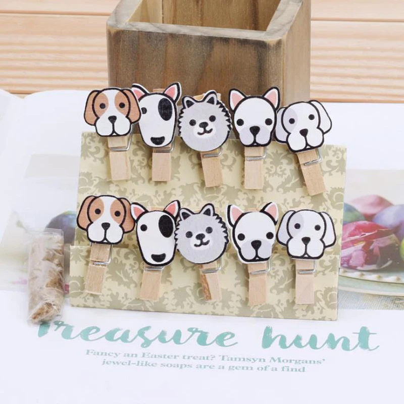

10 Pcs/pack Kawaii Mini Animal Dog Head Wooden Paper Clips Bookmark for Album Memo Message Photo Clip With Rope Stationery Gifts
