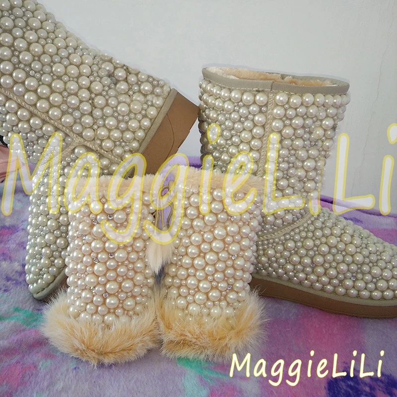 

Pearls Handmade Rhinestone sequins crystal women's bling bling Snow Boots warm Shiny fashion Winter Shoes Pearl gloves