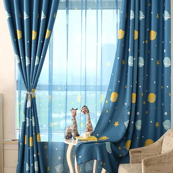

Cartoon Blue Planet Yellow Stars Shade Curtain For Children Boys Girls Bedroom Living Room Curtains Sheer