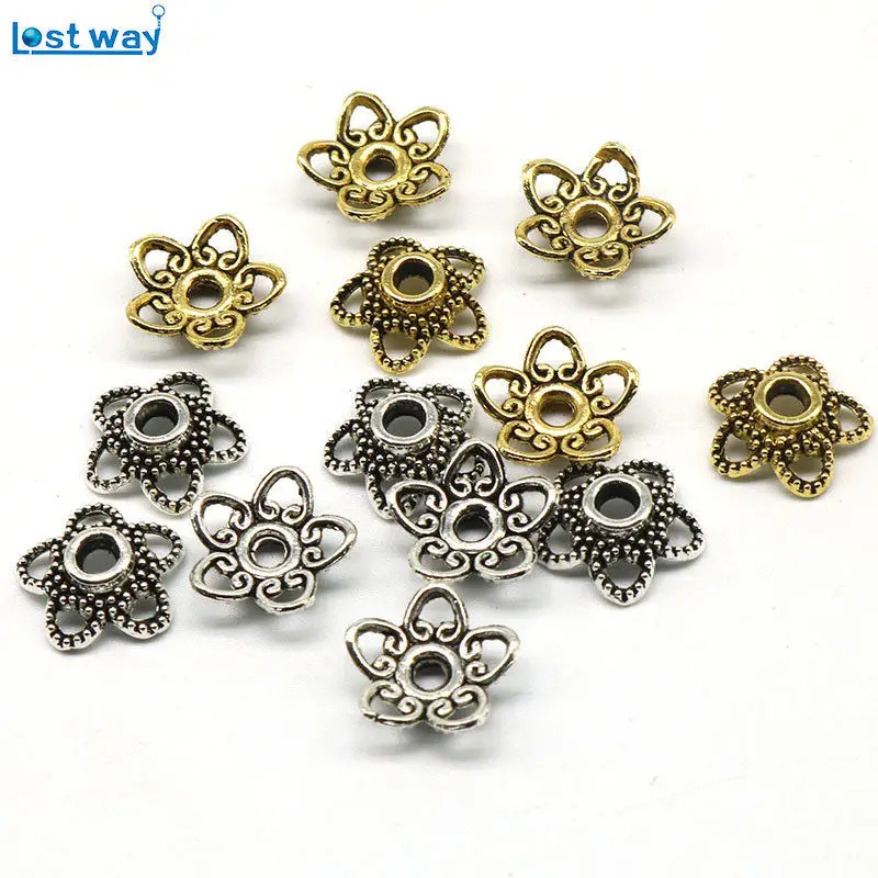 10mm Hole is 2mm 100pcs Five Heart leaves Bead Cups Silver Gold Plated Flower petal Spacer Beads Caps Charms For Jewelry Making