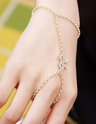 Women Gold Thin Metal Fashion Hand Chain Bracelet Wrist To Slave Women Gold Thin Metal Fashion Hand Chain Bracelet Wrist To Slave Ring Midi Bow Ribbon Knot