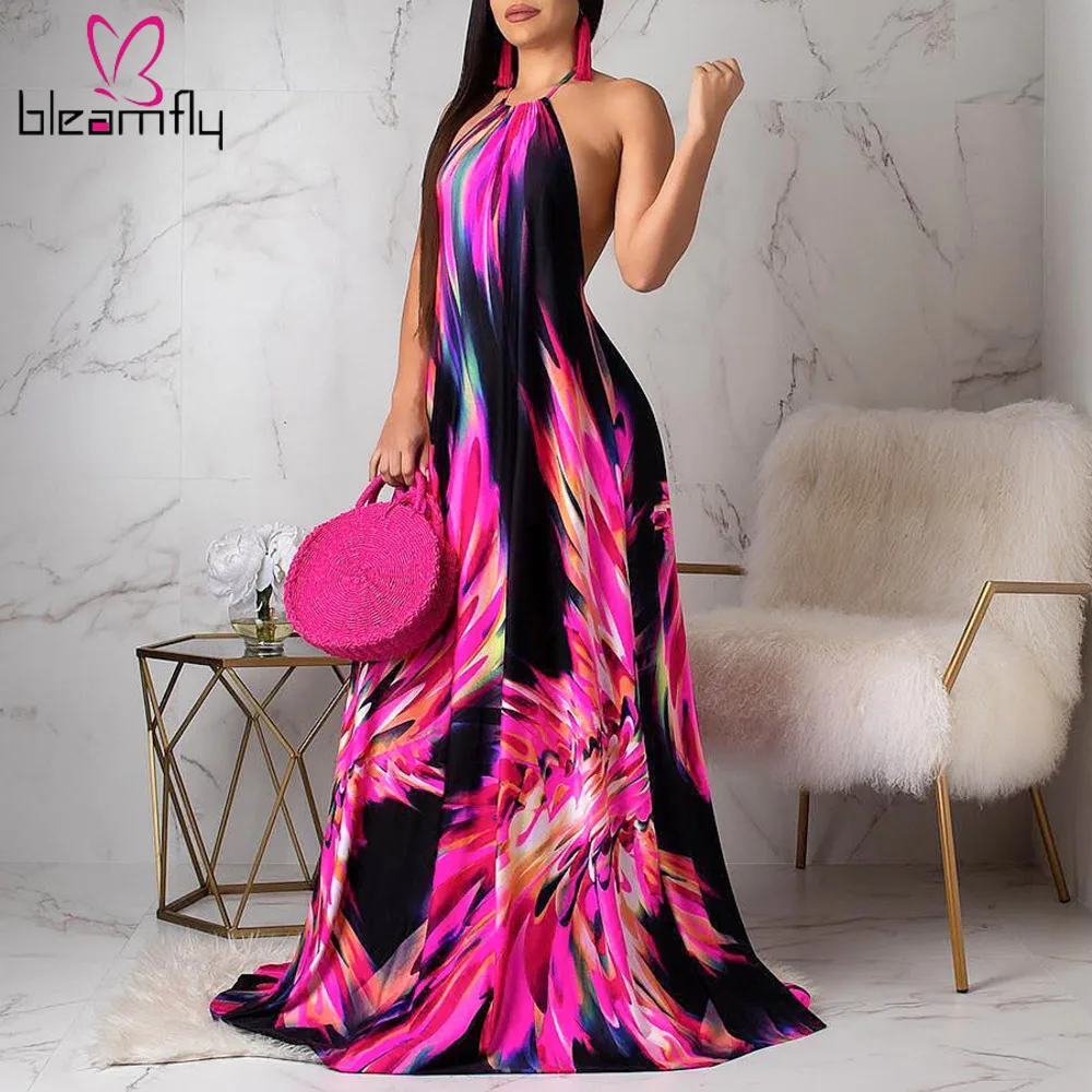 

Summer Bohemian Long Maxi Dress Women Boho Print Halter Off Shoulder Backless Beach Dresses Robe Longue Retro Vestidos Plus Size