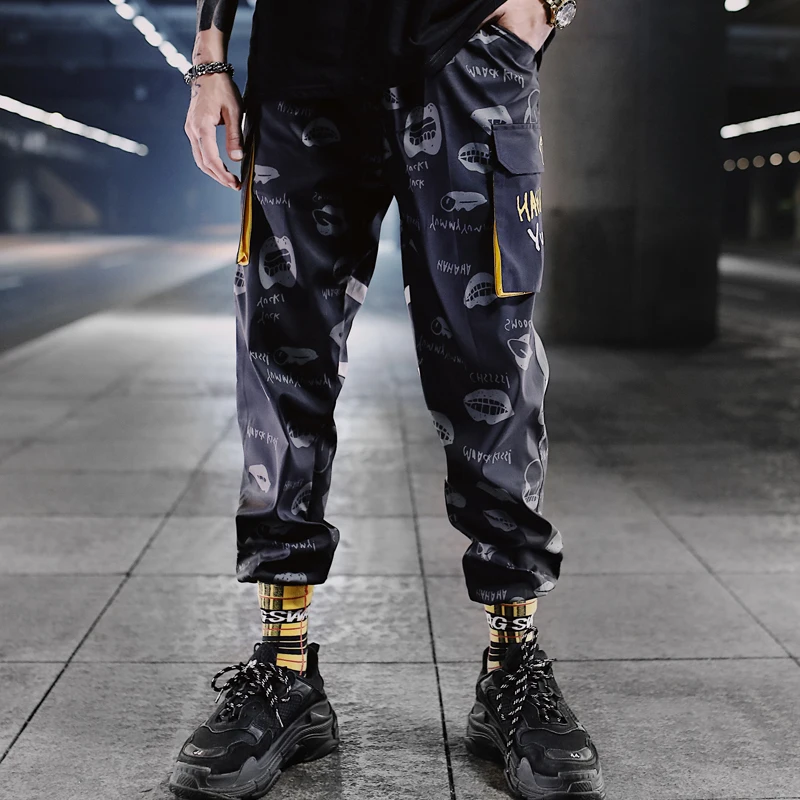 Хип-хоп брюки мужские свободные джоггеры с принтом уличная одежда шаровары Одежда по щиколотку брюки контрастный цвет лоскутные брюки