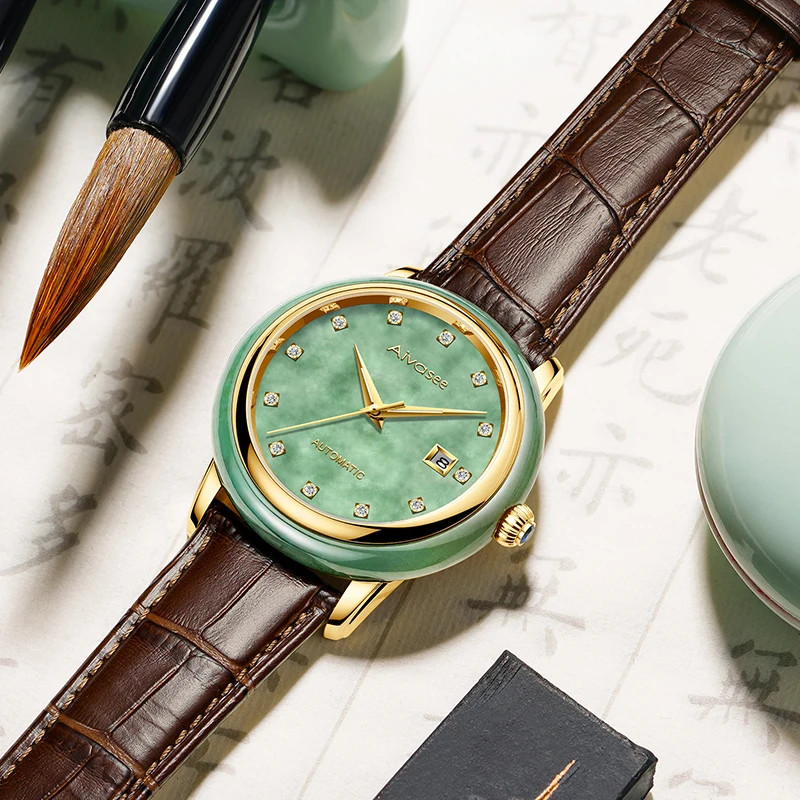 

Original Natural Jade Men's Automatic Self-Wind Mechanical Watch Genuine Crocodile Leather Strap Men Wristwatches Calendar Clock