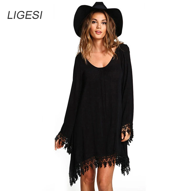 Baratos 2016 mujeres del verano de Boho de la borla Vestido corto Vestido Sexy de encaje de ganchillo Chiffion de la túnica negro Beach Dress Shirt Blusa caliente de la venta Vestido de fiesta 2016 vestidos de la playa vestido