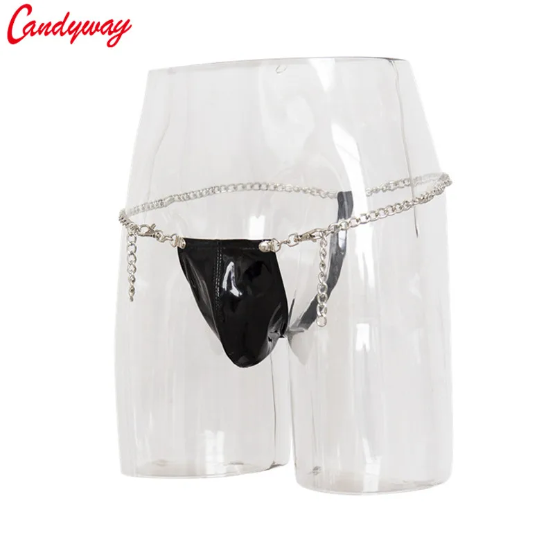 Men's Chain G-String Sexy Leather Underpants Black Briefs Buttocks sex bondage straps Erotic lingerie Underwear Panties