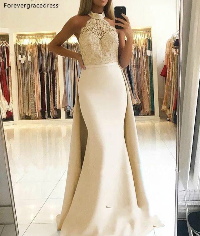 Gorgeous Mermaid Prom Evening Dresses with Detachable Skirt 2019 Halter Neck Appliques Top Satin Long Party Pageant Gowns 158 (1)