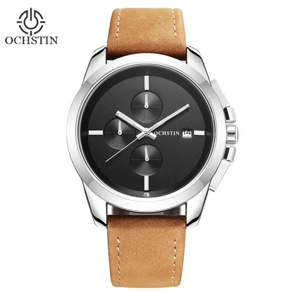 Горячие OCHSTIN часы Для мужчин Топ Элитный бренд Дизайн военные спортивные наручные часы Для мужчин Кварцевые наручные часы Для мужчин кожаным ремешком 059a - Цвет: silver black