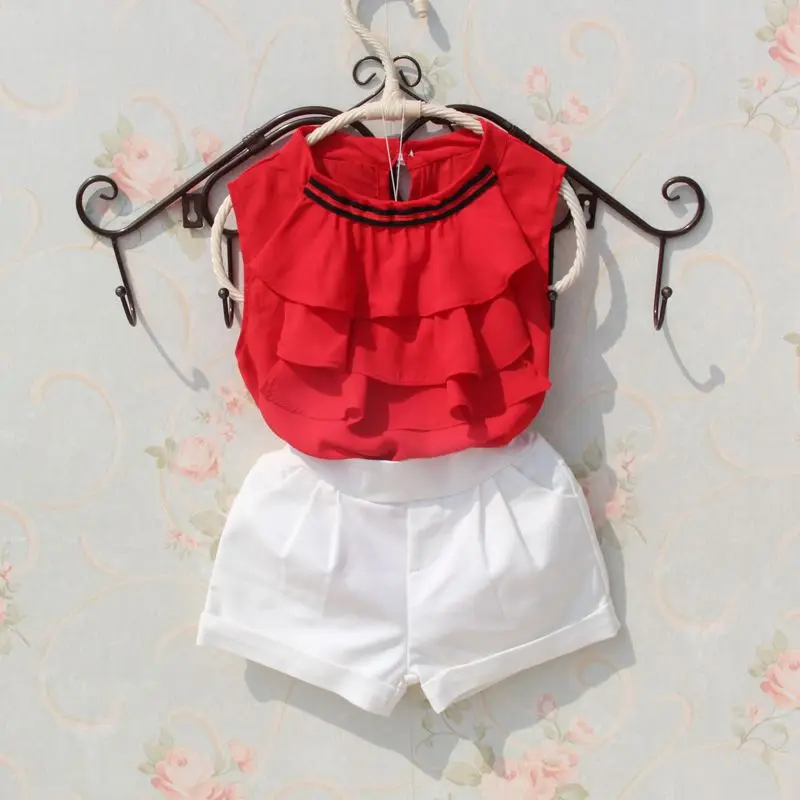 

3-15 Yrs 2017 Summer Kids Children School Girl Tops And Blouses White Red Chiffon Ruffles Sleeveless Girls Blouse Shirts JW1995
